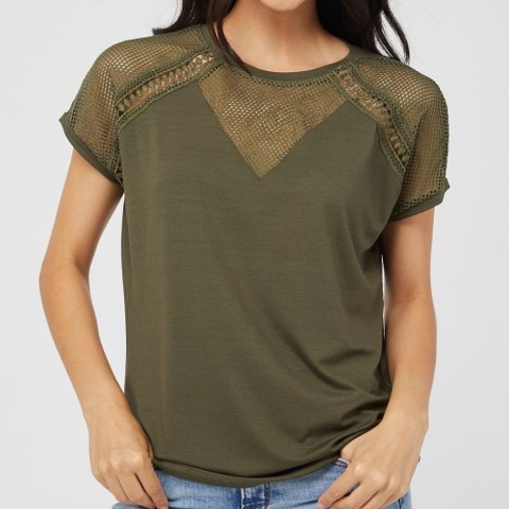 Milan Kiss Khaki Mesh-Contrast Crewneck Top